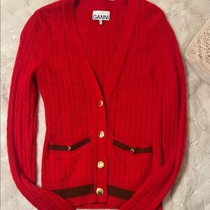 Ganni Vibrant Red Cardigan with Gold Buttons